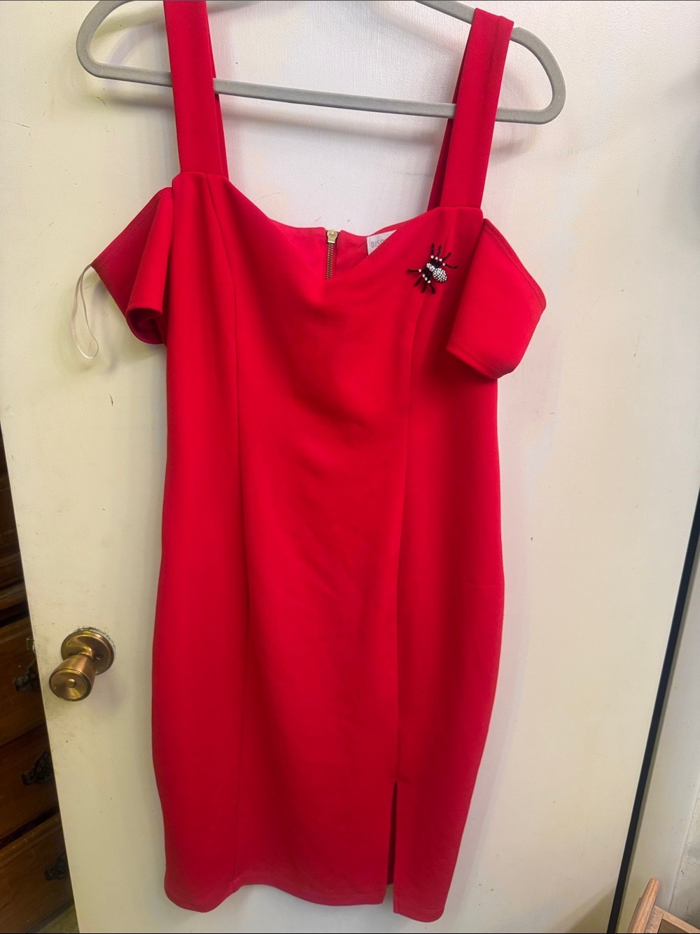 Bisou Bisou Red Off-Shoulder Midi Dress with Beaded Accent